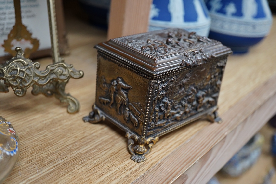 A group of brass and other metalware including an easel, various boxes, mirror etc.(9).